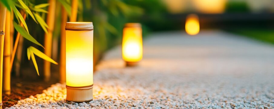 Bamboo Lanterns Illuminate Stone Path, Japanese Garden ,Outdoor Lighting - Powered by Adobe