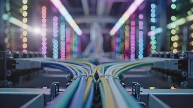 Colorful network cables connected to server rack with bokeh lights background. Data center infrastructure with ethernet wiring for internet connectivity and telecommunications. Modern technology