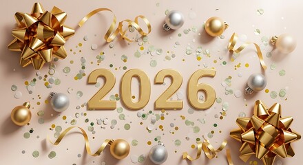 Celebrate the arrival of 2026 with a festive backdrop featuring golden bows, shiny ornaments, and shimmering confetti