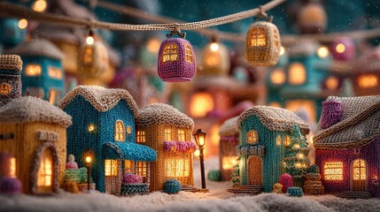 Cozy Knitted Christmas Village at Night with Warm Lights