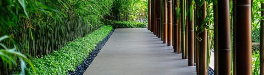 Bamboo Pathway Serene Walkway with Lush Greenery and Natural Light, garden , Zen