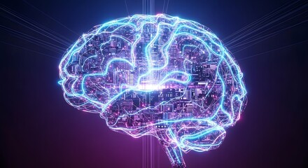 High-detail 3D render of a glowing digital brain composed of neural networks and circuits, dark gradient background, neon blue and purple highlights, ultra-sharp sci-fi aesthetic.
