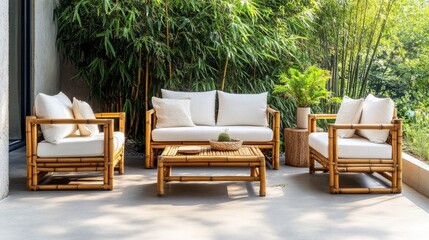 Obraz premium Bamboo Patio Set with Lush Greenery, Outdoor Furniture ,Backyard design