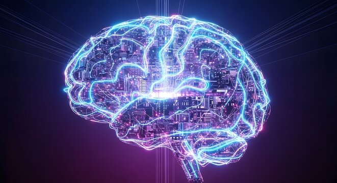 High-detail 3D render of a glowing digital brain composed of neural networks and circuits, dark gradient background, neon blue and purple highlights, ultra-sharp sci-fi aesthetic.
