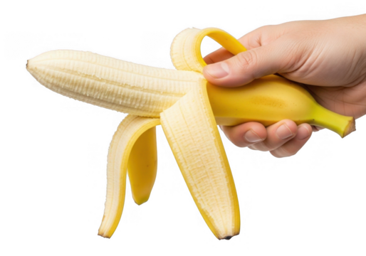 Hand peeling a ripe banana, revealing the creamy white flesh, isolated on transparent background the image captures the process of preparing a healthy snack