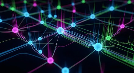 Abstract visualization of a neural network, nodes and connections illuminated with light pulses, dark background, vibrant colors, hyper-realistic tech illustration, no people.
