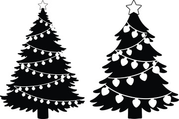 Vector Silhouette of Decorated Christmas Tree Set, Holiday Lights, Star, and Festive Decoration