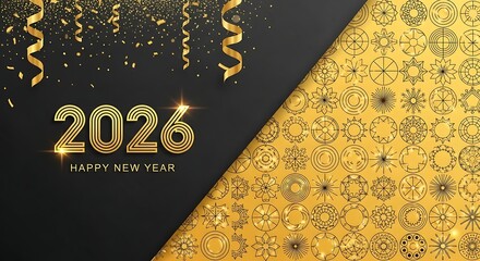 2026 Happy New Year Greeting Card With Glittering Confetti And Golden Ornaments