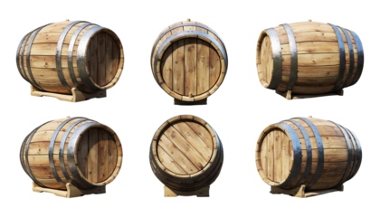 Wooden barrel, view from different angles, isolated on transparent background. Clipping path indluded. 3D render.
