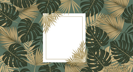Tropical monstera and palm leaves forming a frame around a white square on a dark green background.