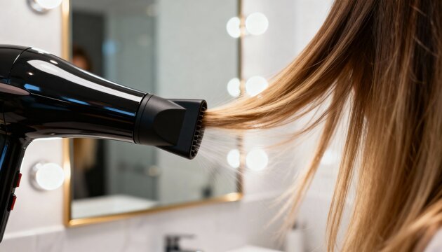 A hairdryer styled for sleekness is blowing air on long hair in a modern bathroom with bright mirrors reflecting the scene.