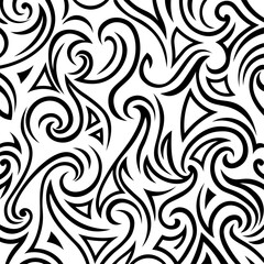 Seamless Black and White Tribal Swirls Decorative Pattern, fabric texture, tiles clothes pattern.