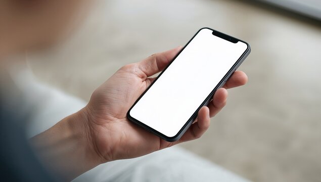 Close Up Person Holding Mobile Device With Blank Screen For Mockup