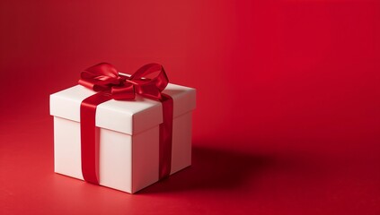 Obraz premium Elegant white gift box with red ribbon on monochromatic red background