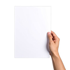 Obraz premium A person's hand holding a blank white sheet of paper against a black background.