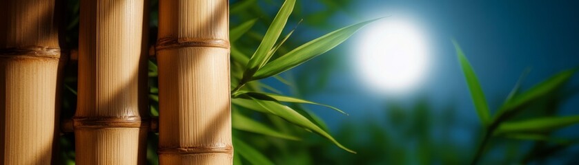 Bamboo Stalks and Leaves with a Bokeh Moon, nature, zen