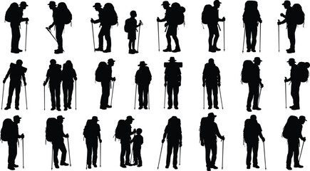 Hiker silhouettes, trekking poses, backpack figures, walking sticks, group dynamics, black vector, outdoor activity, minimal style, nature icons