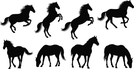 Horse silhouettes, standing and galloping poses, black vector, animal design, minimal style, graphic set, equine movement, nature icon