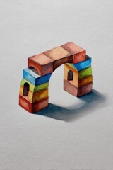Watercolor medium shot of building bricks set in creative architecture
