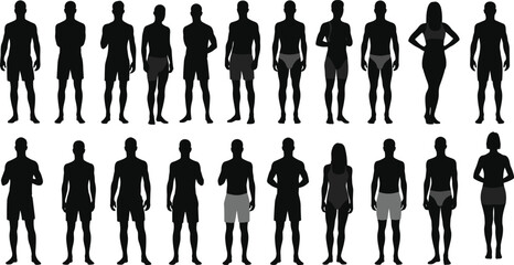 Human silhouettes, diverse body shapes, posture study, black vector, fashion reference, anatomy design, minimal style, graphic set, ergonomic art