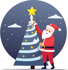 Jolly Santa Claus Places Golden Star Atop Stylized Christmas Tree