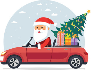Santa Claus Driving Modern Convertible Car with Christmas Presents Vector