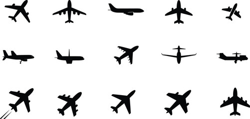 Airplane silhouettes, aircraft icons, black vector, aviation design, flight shapes, minimal style, graphic set, contrail motion, top views