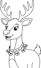 Cute Cartoon Reindeer with Jingle Bells Outline Vector, Christmas Holiday Coloring Page