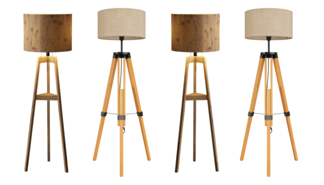 PNG Assorted Wooden tripod floor lamp, element set on transparent background