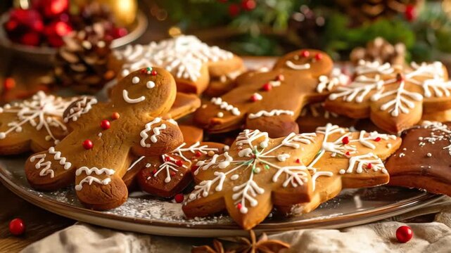 Decorated gingerbread cookies on a plate with festive decorations for holiday celebrations