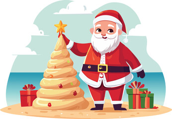 Santa Claus on a Tropical Beach Building a Sand Christmas Tree