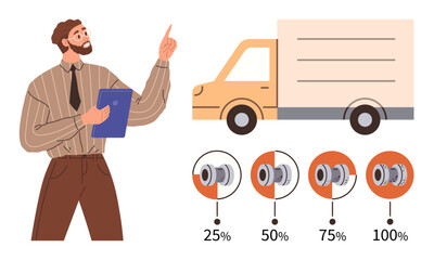 Businessman holding clipboard pointing, delivery truck, visualized cargo load levels at percentages. Ideal for logistics, transportation, supply chain, delivery services, inventory management