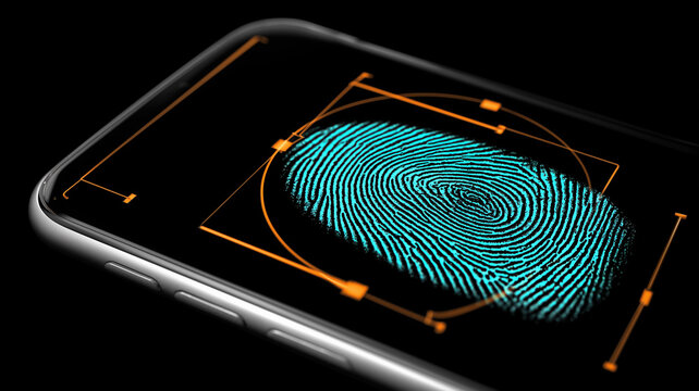 High resolution fingerprint scan on smartphone screen representing biometric data analysis for secure access and identity verification.
