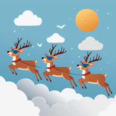 Christmas Reindeer Fly with Cool Sunglasses - Flat Vector Holiday Scene