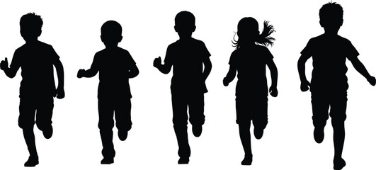 Children running silhouettes, black vector, youth motion, playful activity, minimal style, graphic set, outdoor fun, childhood icons