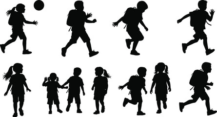Children silhouettes, school kids, backpack figures, black vector, playful poses, minimal style, graphic set, outdoor activity, student icons