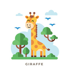 2D Flat Vector Illustration of a Cute smiling cartoon giraffe best for kid's poster