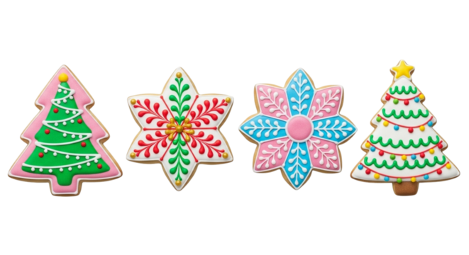 Four colorful christmas cookies, including christmas trees and flowers, isolated on transparent background the cookies are decorated with icing and sprinkles, and they are arranged in a row - Powered by Adobe