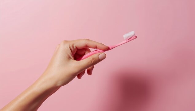 Hand holding a pink toothbrush on pastel pink background - Powered by Adobe