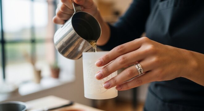 Close-up of artisan hands pouring melted wax into a candle mold. The process of making handmade candles. Creative hobby and small business concept - Powered by Adobe