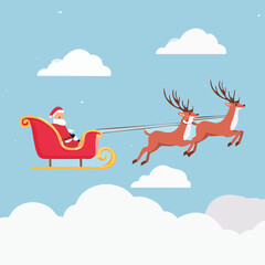 Joyful Santa Claus and Reindeer Flying Sleigh in Winter Sky Vector Art
