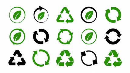 Green and black eco-friendly recycling and sustainable icon set