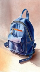 Watercolor painting of child's backpack studio art medium shot bright light