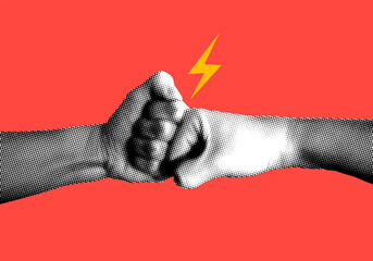 Teamwork. Two halftone hands making fist bump. Friendly greeting gesture. Team strength. Two people holding fists together. Fist collision. Newspaper collage. Partnership, team building