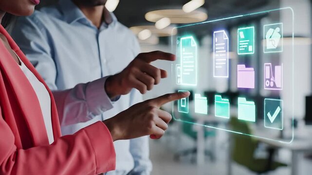 Business professionals interact with futuristic holographic interface displaying digital file management system. Virtual touchscreen features document icons, folders, and checkmark symbols. Modern