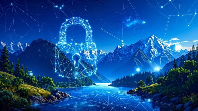 Digital padlock concept over landscape with mountains and lake data security and protection illustration