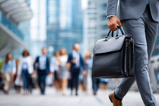 Business professional walking in city with briefcase during daytime among pedestrians