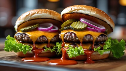 Delicious double cheeseburgers with melted cheese and fresh toppings on a wooden board