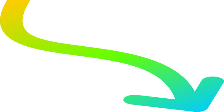 A vibrant, hand-drawn curved arrow with a yellow, green, and blue gradient pointing down and right on a white background.