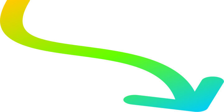 A vibrant, hand-drawn curved arrow with a yellow, green, and blue gradient pointing down and right on a white background.